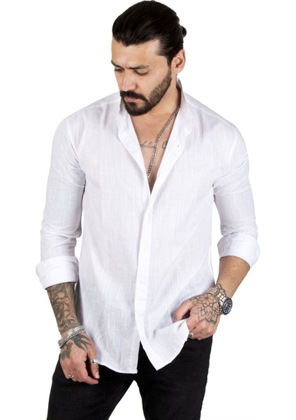 Çizgili Likralı Hakim Yaka Ham Keten Uzun Kollu Erkek Gömlek 2201895 fiyatları