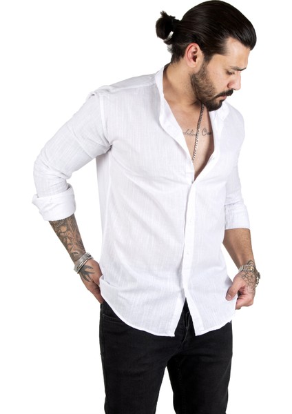 Çizgili Likralı Hakim Yaka Ham Keten Uzun Kollu Erkek Gömlek 2201895 fırsatları