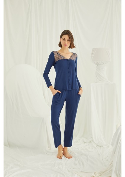 Brode Dantelli Önü Düğmeli Pijama Takımı 19296