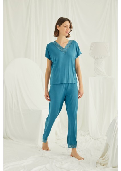 Kısa Kollu V Yakalı Dantelli Pijama Takımı 18474