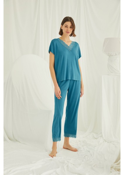 Kısa Kollu V Yakalı Dantelli Pijama Takımı 18474