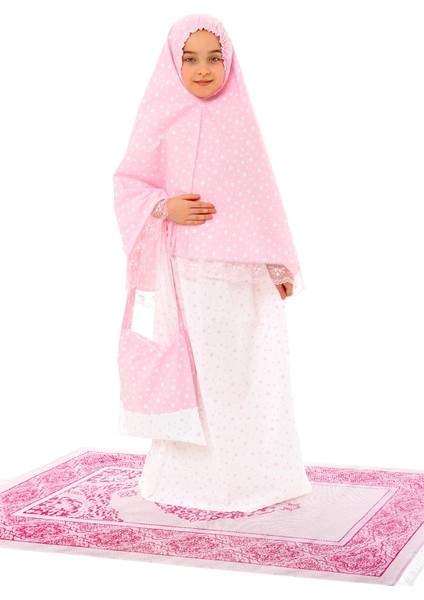 Kız Çocuk Namaz Elbisesi Pamuklu 4 Parçalı Set Pembe Baskılı fiyatları