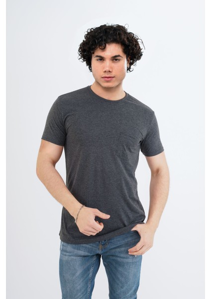 Unisex Basic Melanj Füme Gri Outdoor Bisiklet Yaka T-Shirt