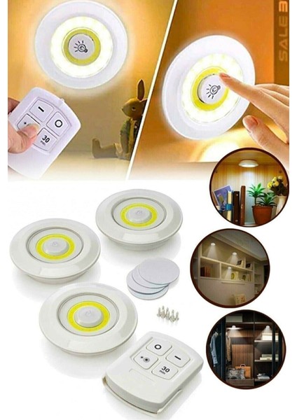 Uzaktan Kumandalı 3 Lü Spot LED Lamba Kablosuz Pilli Işıldak Dolap Işığı Mutfak Rafı Işığı