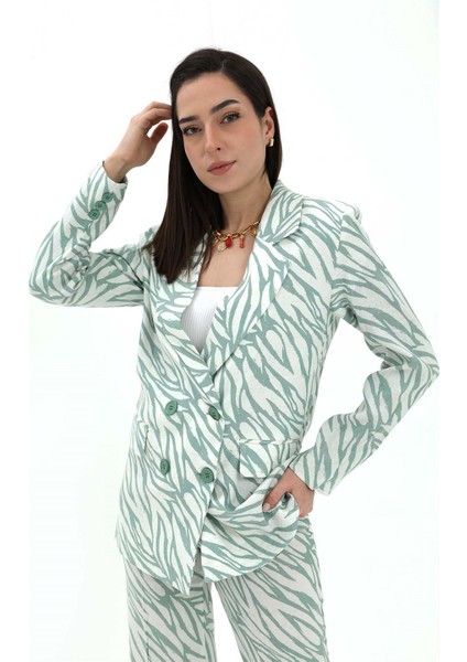 Zebra Desen Oversize Keten Ceket - Mint Yeşili