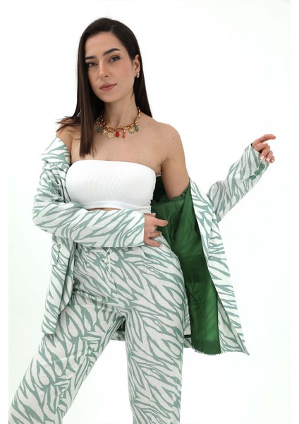 Zebra Desen Oversize Keten Ceket - Mint Yeşili