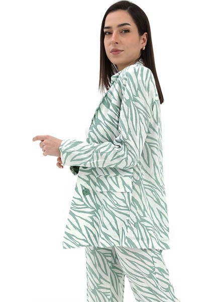 Zebra Desen Oversize Keten Ceket - Mint Yeşili