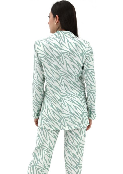 Zebra Desen Oversize Keten Ceket - Mint Yeşili