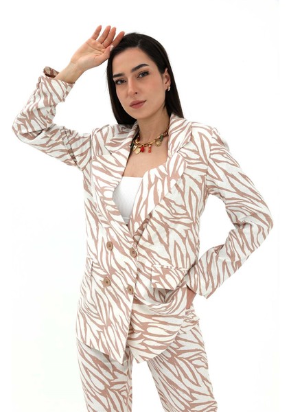 Zebra Desen Oversize Keten Ceket - Bej