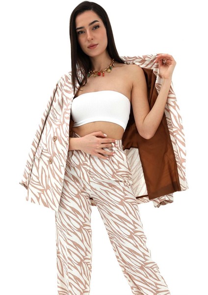 Zebra Desen Oversize Keten Ceket - Bej