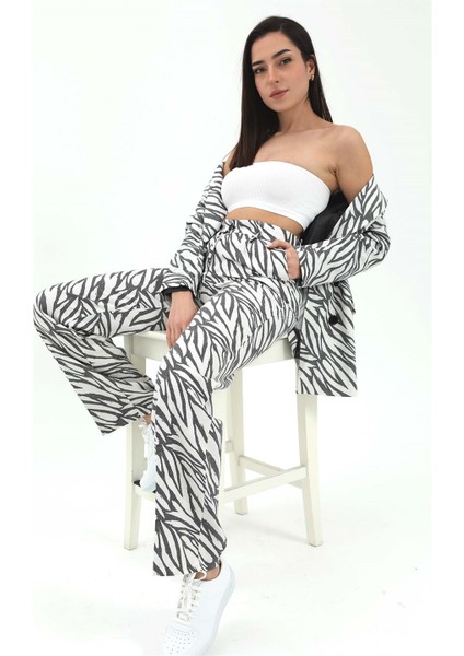 Zebra Desen Oversize Keten Ceket - Siyah