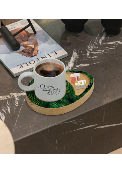 Kişiye Özel Yapraklar Tasarımlı Doğal Ahşap Tabaklı Türk Kahvesi Fincanı Sunum Seti Model 9