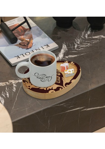 Kişiye Özel Retro Motif Tasarımlı Doğal Ahşap Tabaklı Türk Kahvesi Fincanı Sunum Seti Model 7