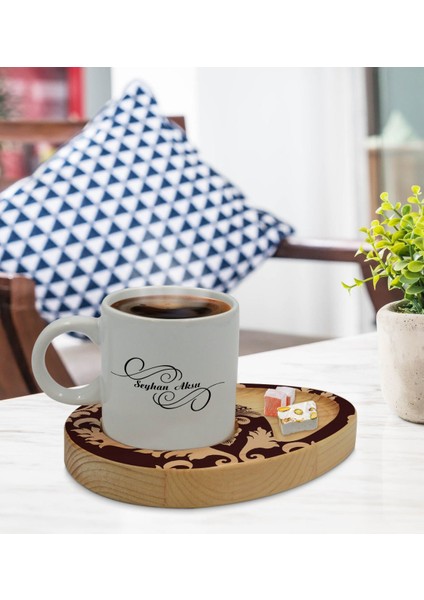 Kişiye Özel Retro Motif Tasarımlı Doğal Ahşap Tabaklı Türk Kahvesi Fincanı Sunum Seti Model 7