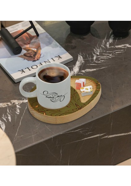 Kişiye Özel Retro Motif Tasarımlı Doğal Ahşap Tabaklı Türk Kahvesi Fincanı Sunum Seti Model 4