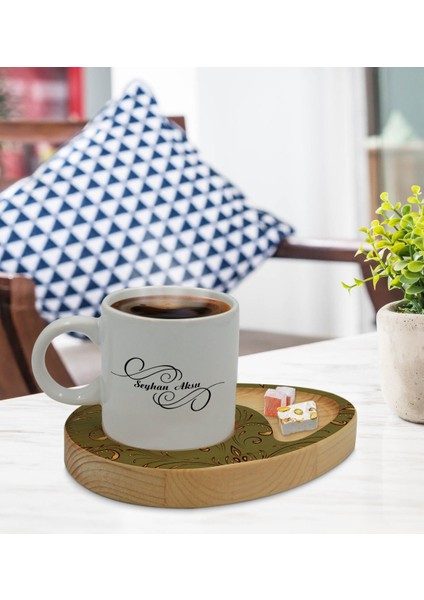 Kişiye Özel Retro Motif Tasarımlı Doğal Ahşap Tabaklı Türk Kahvesi Fincanı Sunum Seti Model 4