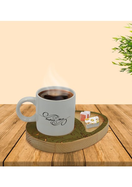 Kişiye Özel Retro Motif Tasarımlı Doğal Ahşap Tabaklı Türk Kahvesi Fincanı Sunum Seti Model 4