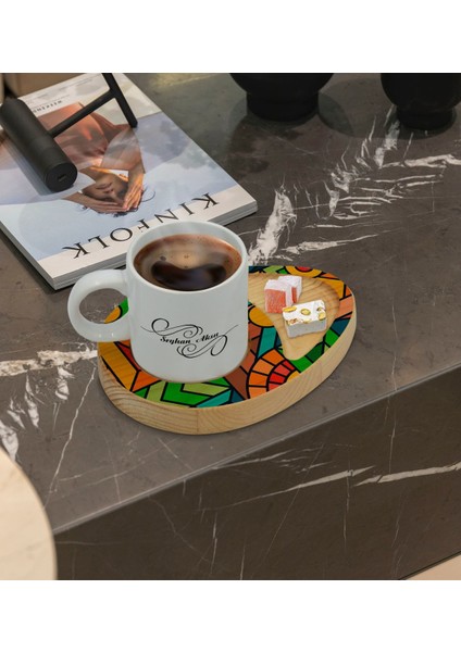 Kişiye Özel Modern Art Tasarımlı Doğal Ahşap Tabaklı Türk Kahvesi Fincanı Sunum Seti Model 15