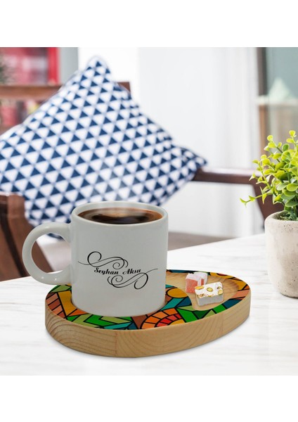 Kişiye Özel Modern Art Tasarımlı Doğal Ahşap Tabaklı Türk Kahvesi Fincanı Sunum Seti Model 15 fiyatları