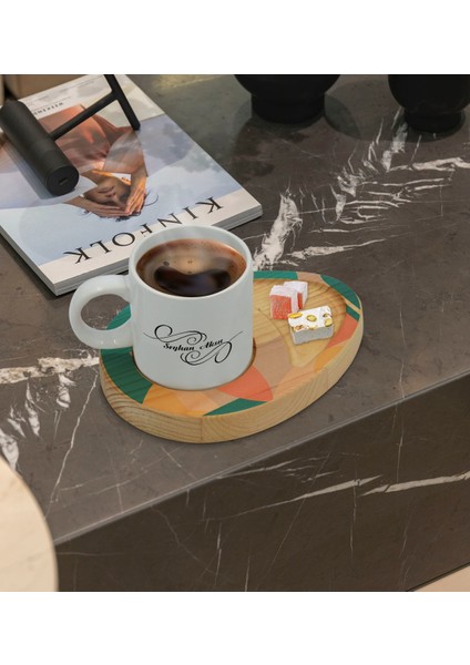 Kişiye Özel Modern Art Tasarımlı Doğal Ahşap Tabaklı Türk Kahvesi Fincanı Sunum Seti Model 10