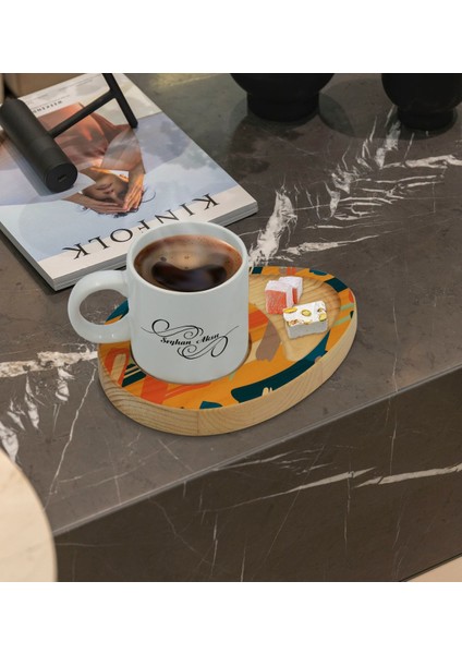 Kişiye Özel Modern Art Tasarımlı Doğal Ahşap Tabaklı Türk Kahvesi Fincanı Sunum Seti Model 7