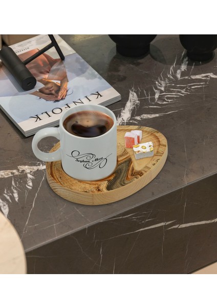 Kişiye Özel Mermer Tasarımlı Doğal Ahşap Tabaklı Türk Kahvesi Fincanı Sunum Seti Model 16