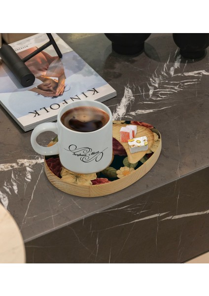 Kişiye Özel Çiçekler Tasarımlı Doğal Ahşap Tabaklı Türk Kahvesi Fincanı Sunum Seti Model 6
