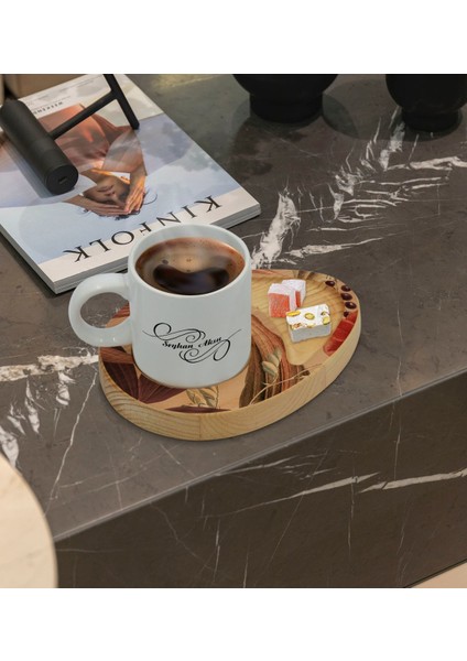 Kişiye Özel Çiçekler Tasarımlı Doğal Ahşap Tabaklı Türk Kahvesi Fincanı Sunum Seti Model 3