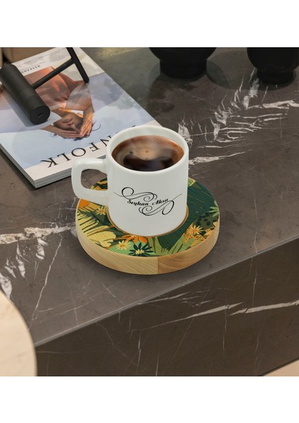 Kişiye Özel Çiçekler Tasarımlı Doğal Ahşap Tabaklı Türk Kahvesi Fincanı Model 7