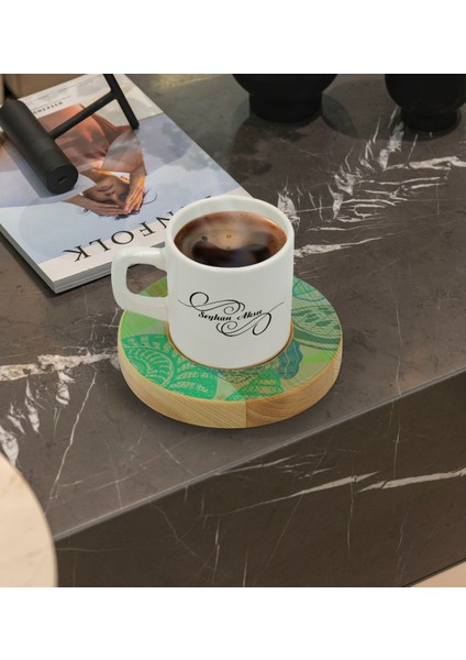 Kişiye Özel Deniz Kabukları Tasarımlı Doğal Ahşap Tabaklı Türk Kahvesi Fincanı Model 1 fiyatları