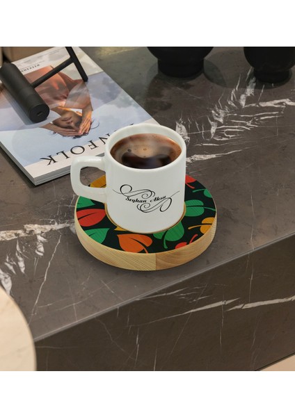 Kişiye Özel Yapraklar Tasarımlı Doğal Ahşap Tabaklı Türk Kahvesi Fincanı Model 7 fiyatları