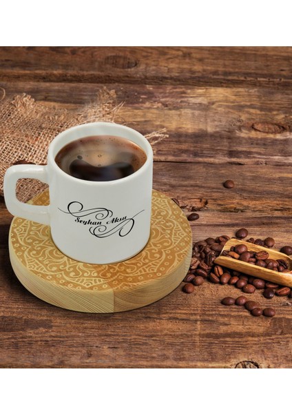 Kişiye Özel Retro Motif Tasarımlı Doğal Ahşap Tabaklı Türk Kahvesi Fincanı Model 9