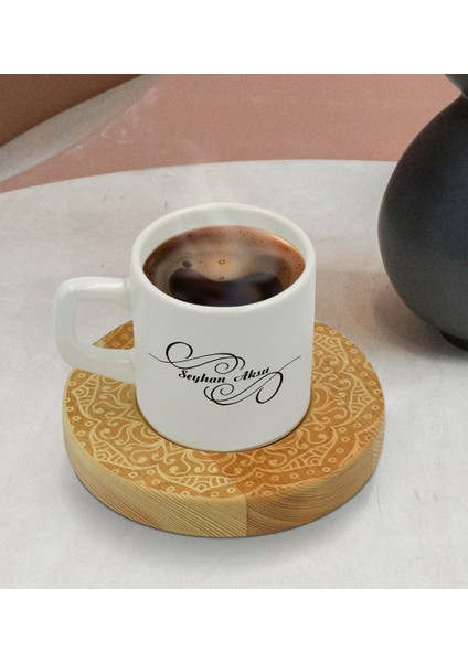 Kişiye Özel Retro Motif Tasarımlı Doğal Ahşap Tabaklı Türk Kahvesi Fincanı Model 9