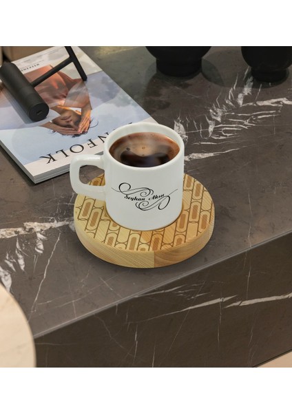 Kişiye Özel Modern Art Tasarımlı Doğal Ahşap Tabaklı Türk Kahvesi Fincanı Model 19 fiyatları