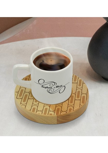 Kişiye Özel Modern Art Tasarımlı Doğal Ahşap Tabaklı Türk Kahvesi Fincanı Model 19 modelleri