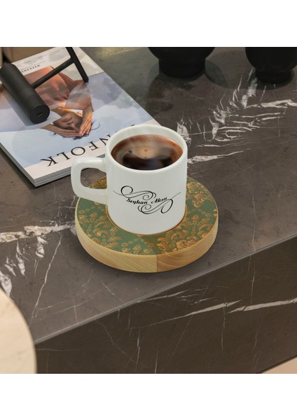 Kişiye Özel Retro Motif Tasarımlı Doğal Ahşap Tabaklı Türk Kahvesi Fincanı Model 5 fiyatları