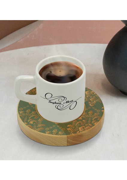 Kişiye Özel Retro Motif Tasarımlı Doğal Ahşap Tabaklı Türk Kahvesi Fincanı Model 5 modelleri