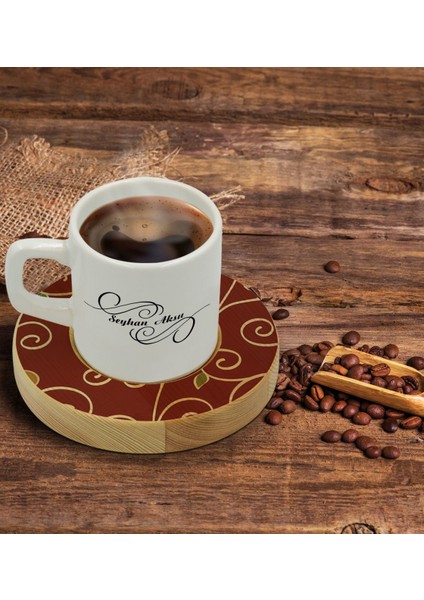 Kişiye Özel Retro Motif Tasarımlı Doğal Ahşap Tabaklı Türk Kahvesi Fincanı Model 1
