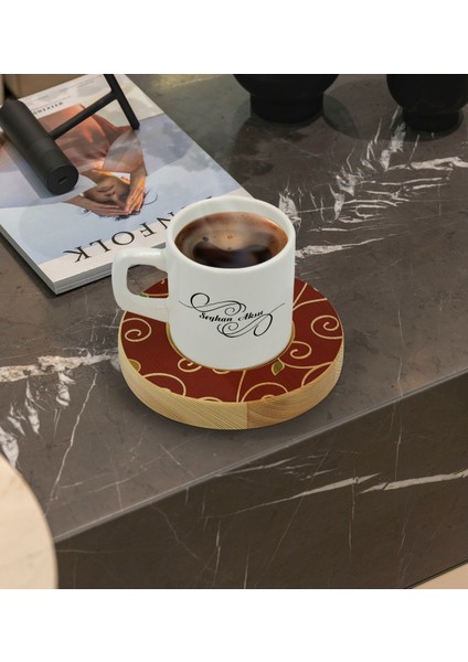 Kişiye Özel Retro Motif Tasarımlı Doğal Ahşap Tabaklı Türk Kahvesi Fincanı Model 1