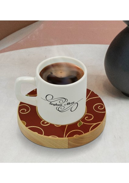 Kişiye Özel Retro Motif Tasarımlı Doğal Ahşap Tabaklı Türk Kahvesi Fincanı Model 1