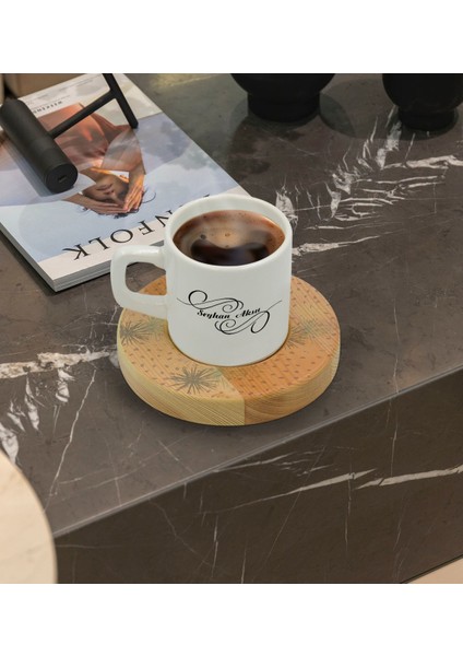 Kişiye Özel Modern Art Tasarımlı Doğal Ahşap Tabaklı Türk Kahvesi Fincanı Model 6 fiyatları
