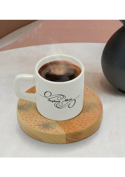 Kişiye Özel Modern Art Tasarımlı Doğal Ahşap Tabaklı Türk Kahvesi Fincanı Model 6 modelleri
