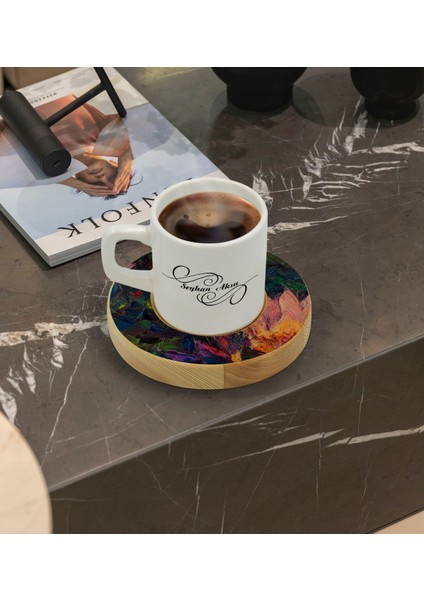 Kişiye Özel Modern Art Tasarımlı Doğal Ahşap Tabaklı Türk Kahvesi Fincanı Model 20 fiyatları
