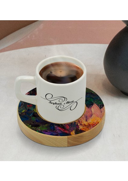 Kişiye Özel Modern Art Tasarımlı Doğal Ahşap Tabaklı Türk Kahvesi Fincanı Model 20 modelleri