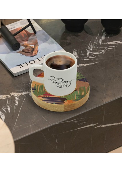 Kişiye Özel Modern Art Tasarımlı Doğal Ahşap Tabaklı Türk Kahvesi Fincanı Model 11 fiyatları