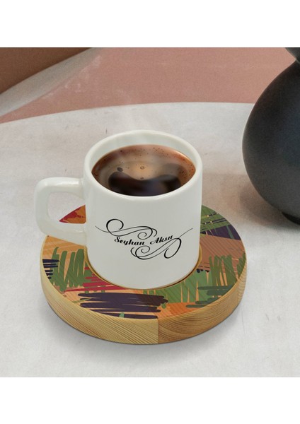Kişiye Özel Modern Art Tasarımlı Doğal Ahşap Tabaklı Türk Kahvesi Fincanı Model 11 modelleri