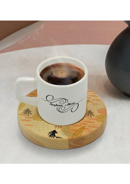 Kişiye Özel Modern Art Tasarımlı Doğal Ahşap Tabaklı Türk Kahvesi Fincanı Model 5 modelleri