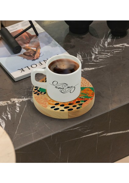 Kişiye Özel Modern Art Tasarımlı Doğal Ahşap Tabaklı Türk Kahvesi Fincanı Model 1 fiyatları