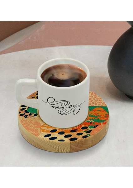 Kişiye Özel Modern Art Tasarımlı Doğal Ahşap Tabaklı Türk Kahvesi Fincanı Model 1 modelleri