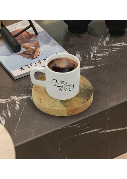 Kişiye Özel Mermer Tasarımlı Doğal Ahşap Tabaklı Türk Kahvesi Fincanı Model 17 fiyatları